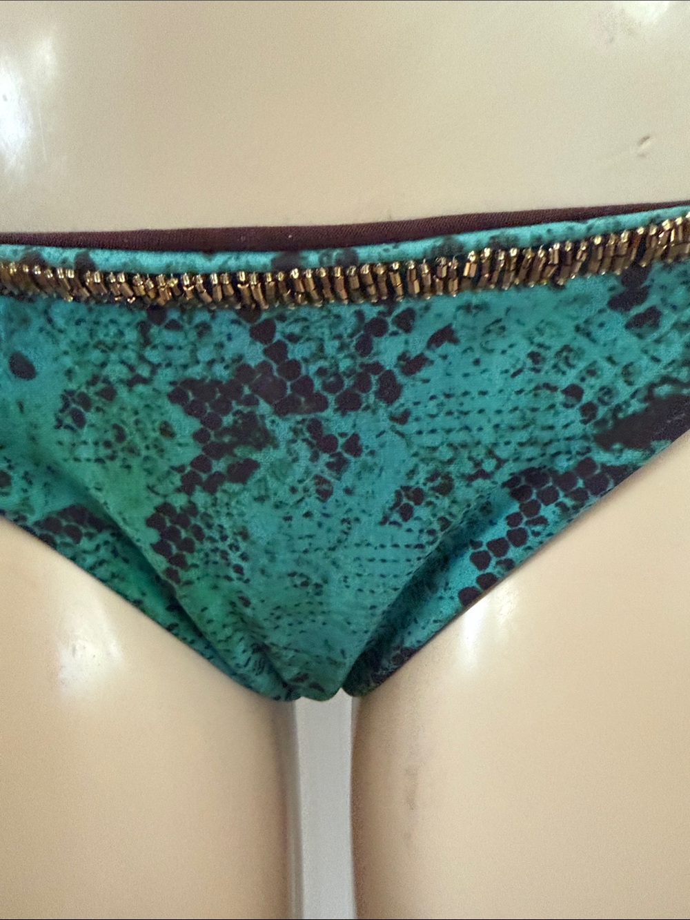 Green Snake Print w Beaded Fringe Tie Bikini Set - Women Swim M - Picture 4 of 11